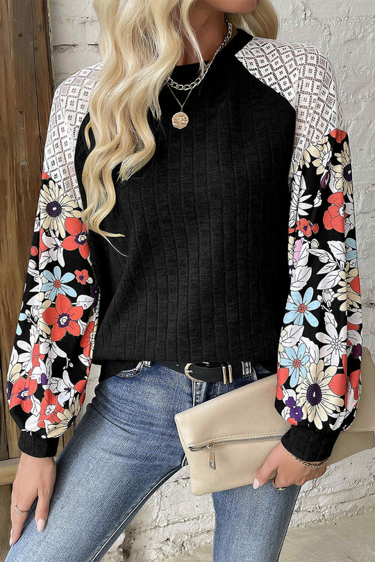 Bella Love Boutique California LLC Tops/Blouses & Shirts Black / S / 97%Polyester+3%Elastane Laurel Green Floral Patchwork Long Sleeve Ribbed Blouse