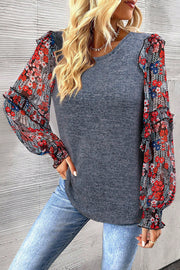 Bella Love Boutique California LLC Tops/Blouses & Shirts Blue Ruffle Tiered Floral Sleeve Crew Neck Blouse