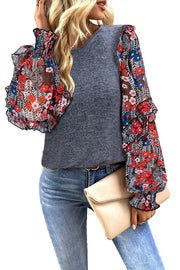 Bella Love Boutique California LLC Tops/Blouses & Shirts Blue Ruffle Tiered Floral Sleeve Crew Neck Blouse