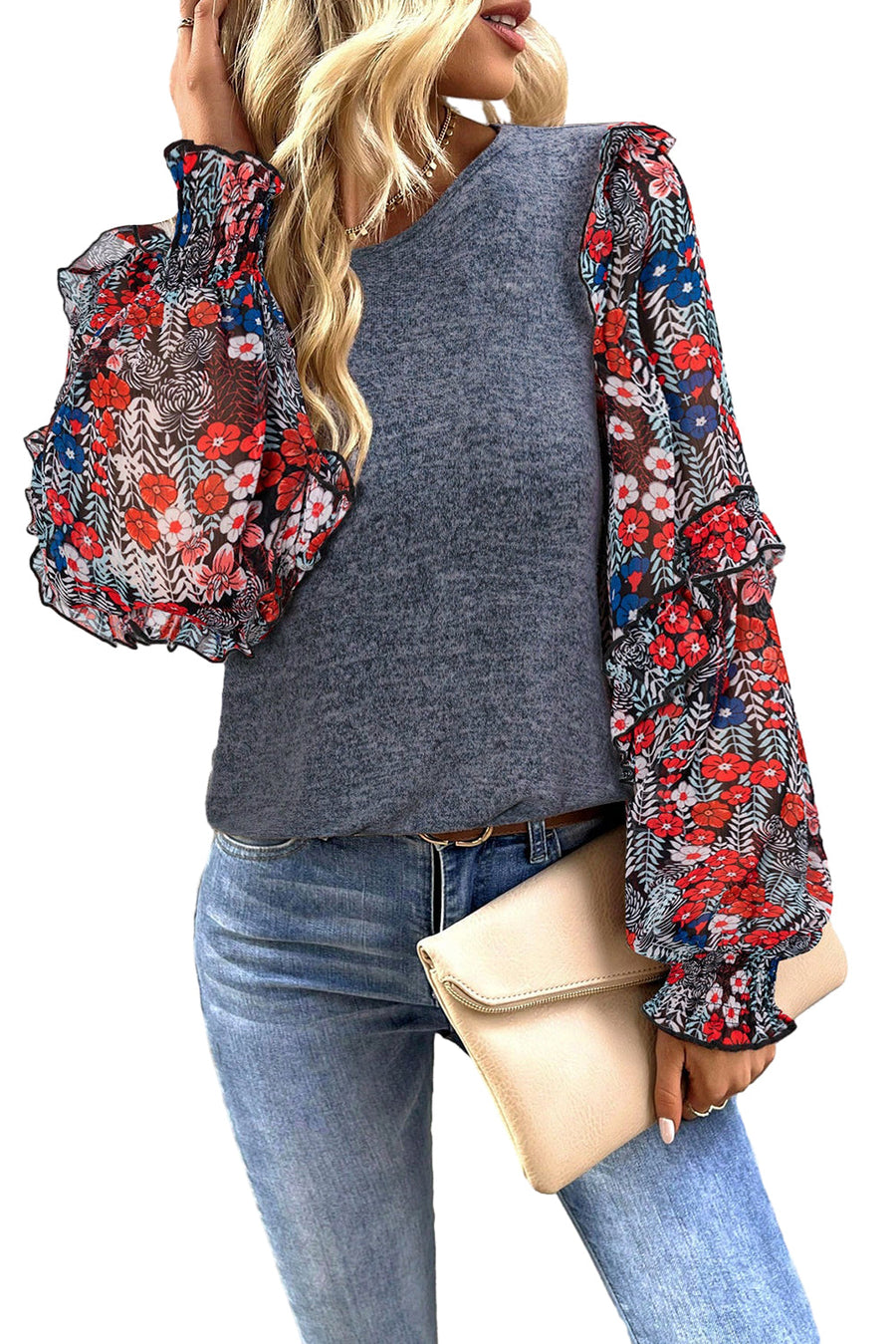 Bella Love Boutique California LLC Tops/Blouses & Shirts Blue Ruffle Tiered Floral Sleeve Crew Neck Blouse