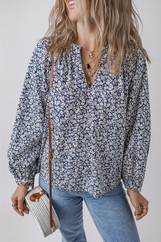 Bella Love Boutique California LLC Tops/Blouses & Shirts Blue / S / 100%Cotton Blue Floral Print Notched V Neck Puff Sleeve Blouse