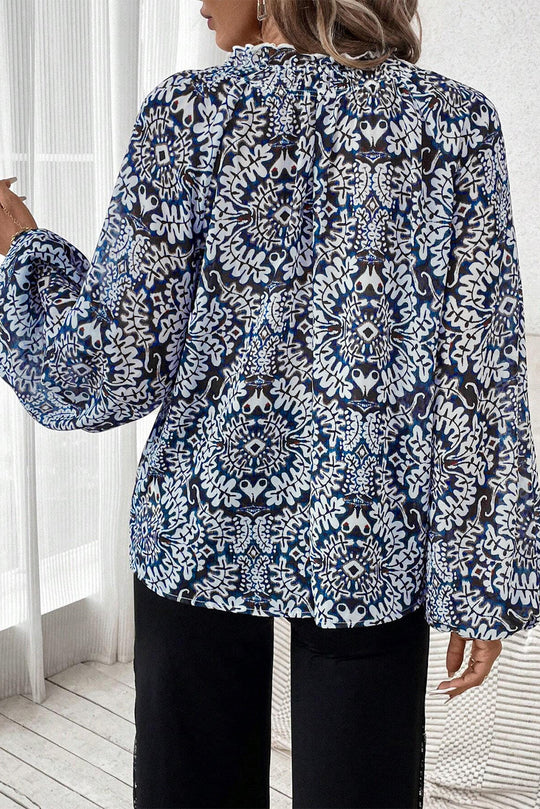 Bella Love Boutique California LLC Tops/Blouses & Shirts Blue Tribal Print Lace-up Frilled Neck Puff Sleeve Blouse