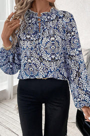 Bella Love Boutique California LLC Tops/Blouses & Shirts Blue Tribal Print Lace-up Frilled Neck Puff Sleeve Blouse