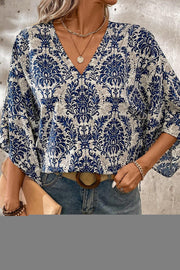 Bella Love Boutique California LLC Tops/Blouses & Shirts Blue Vintage Flower Tree Quarter Sleeve V Neck Blouse