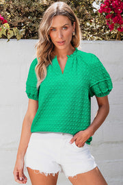 Bella Love Boutique California LLC Tops/Blouses & Shirts Bright Green Textured Puff Short Sleeve Notched V Neck Top