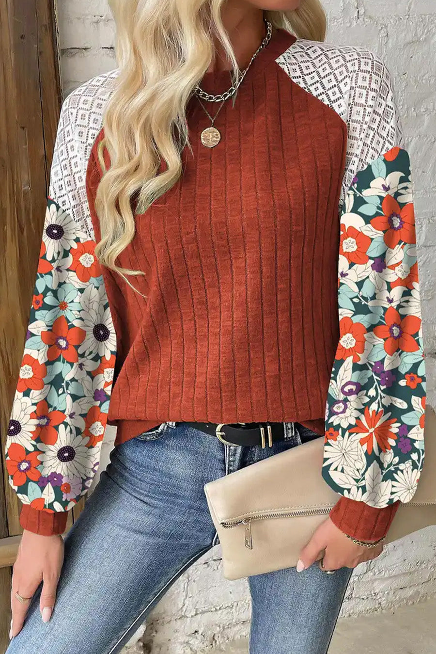 Laurel Green Floral Patchwork Long Sleeve Ribbed Blouse