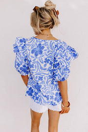 Bella Love Boutique California LLC Tops/Blouses & Shirts Dark Blue Floral Print Ruffled Bubble Sleeve Blouse