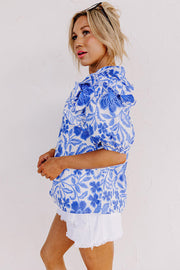 Bella Love Boutique California LLC Tops/Blouses & Shirts Dark Blue Floral Print Ruffled Bubble Sleeve Blouse