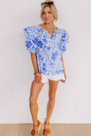 Bella Love Boutique California LLC Tops/Blouses & Shirts Dark Blue Floral Print Ruffled Bubble Sleeve Blouse