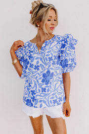 Bella Love Boutique California LLC Tops/Blouses & Shirts Dark Blue Floral Print Ruffled Bubble Sleeve Blouse