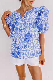 Bella Love Boutique California LLC Tops/Blouses & Shirts Dark Blue / S / 100%Cotton Dark Blue Floral Print Ruffled Bubble Sleeve Blouse