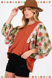 Bella Love Boutique California LLC Tops/Blouses & Shirts Desert Gold Floral Puff Sleeve Patchwork Round Neck Blouse