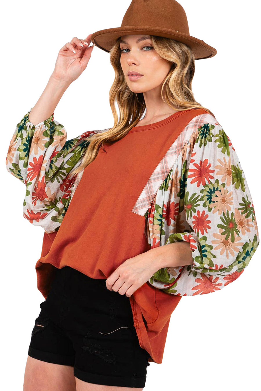 Bella Love Boutique California LLC Tops/Blouses & Shirts Desert Gold Floral Puff Sleeve Patchwork Round Neck Blouse