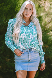 Bella Love Boutique California LLC Tops/Blouses & Shirts Green Paisley Print Smocked Cuff Buttoned Loose Shirt