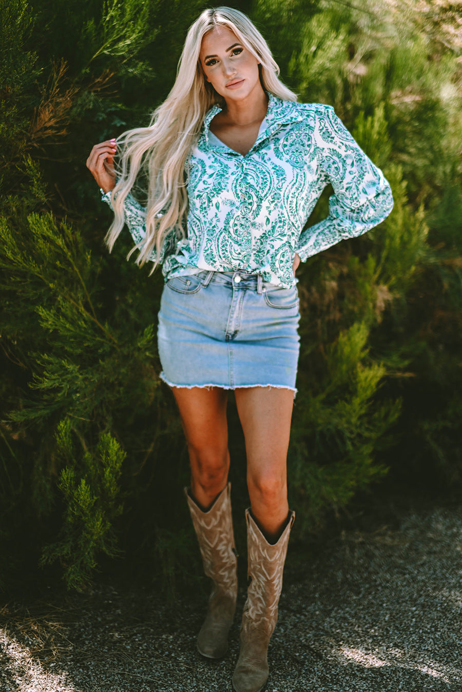 Bella Love Boutique California LLC Tops/Blouses & Shirts Green Paisley Print Smocked Cuff Buttoned Loose Shirt