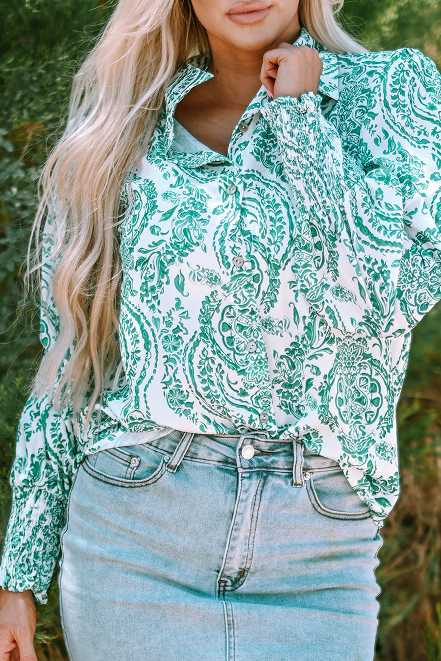 Bella Love Boutique California LLC Tops/Blouses & Shirts Green Paisley Print Smocked Cuff Buttoned Loose Shirt