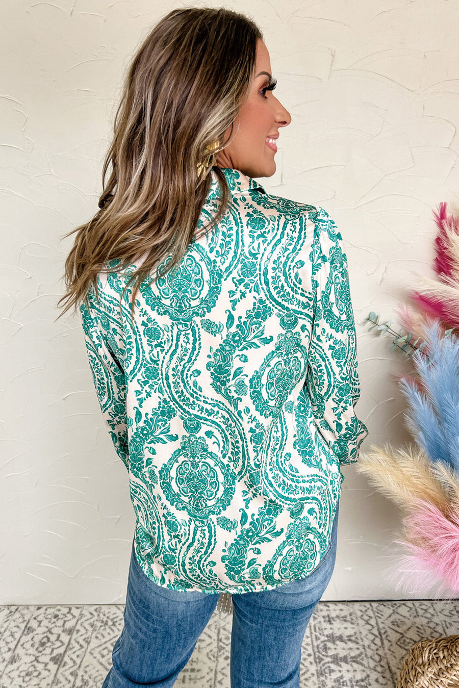 Bella Love Boutique California LLC Tops/Blouses & Shirts Green Paisley Print Smocked Cuff Buttoned Loose Shirt