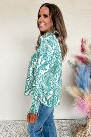 Bella Love Boutique California LLC Tops/Blouses & Shirts Green Paisley Print Smocked Cuff Buttoned Loose Shirt