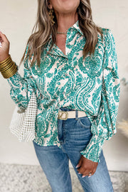 Bella Love Boutique California LLC Tops/Blouses & Shirts Green Paisley Print Smocked Cuff Buttoned Loose Shirt