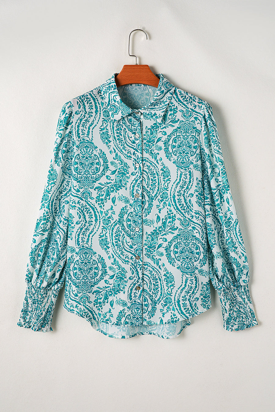 Bella Love Boutique California LLC Tops/Blouses & Shirts Green Paisley Print Smocked Cuff Buttoned Loose Shirt