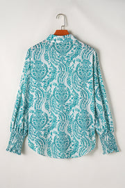 Bella Love Boutique California LLC Tops/Blouses & Shirts Green Paisley Print Smocked Cuff Buttoned Loose Shirt