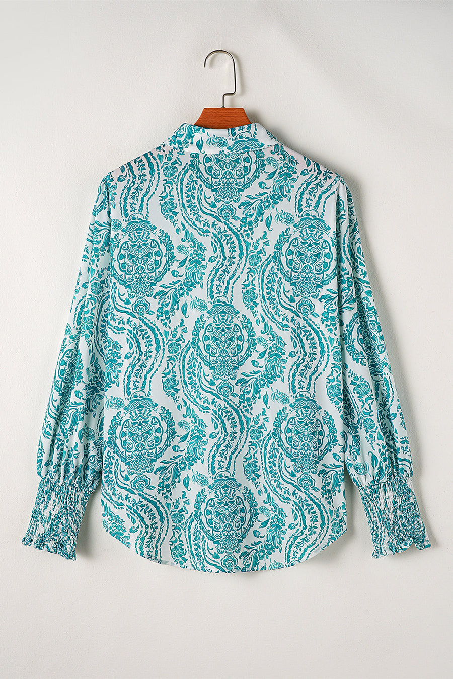 Bella Love Boutique California LLC Tops/Blouses & Shirts Green Paisley Print Smocked Cuff Buttoned Loose Shirt