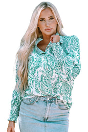 Bella Love Boutique California LLC Tops/Blouses & Shirts Green Paisley Print Smocked Cuff Buttoned Loose Shirt