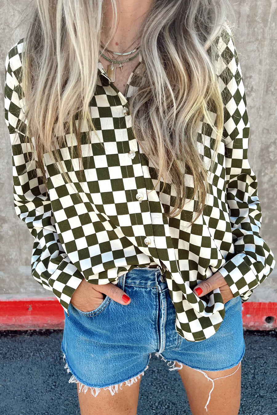 Bella Love Boutique California LLC Tops/Blouses & Shirts Green / S / 100%Cotton Bella Loves Cali's Green Checkerboard Printed Drop Shoulder Loose Casual Shirt