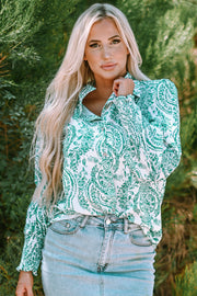 Bella Love Boutique California LLC Tops/Blouses & Shirts Green / S / 100%Polyester Green Paisley Print Smocked Cuff Buttoned Loose Shirt