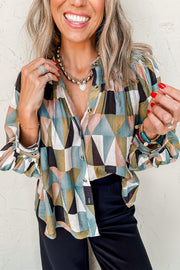 Bella Love Boutique California LLC Tops/Blouses & Shirts Green / S / 81%Viscose+19%Polyamide Bella Loves Cali's Green Print Buttoned Balloon Sleeve Loose Fit Shirt