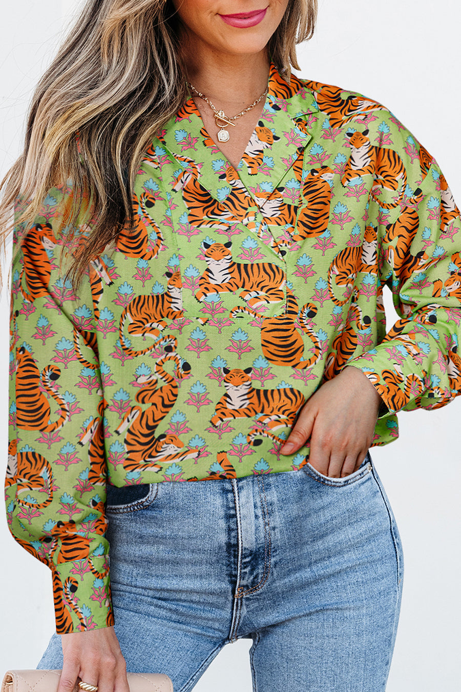 Bella Love Boutique California LLC Tops/Blouses & Shirts Green Tiger Floral Printed Collared V Neck Casual Shirt