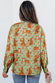 Bella Love Boutique California LLC Tops/Blouses & Shirts Green Tiger Floral Printed Collared V Neck Casual Shirt