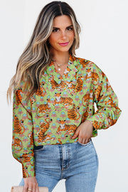 Bella Love Boutique California LLC Tops/Blouses & Shirts Green Tiger Floral Printed Collared V Neck Casual Shirt