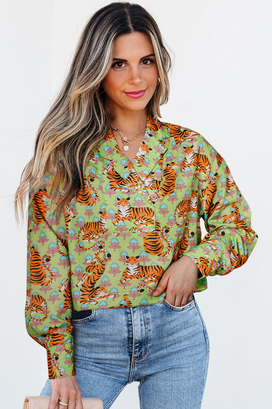 Bella Love Boutique California LLC Tops/Blouses & Shirts Green Tiger Floral Printed Collared V Neck Casual Shirt