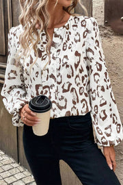 Bella Love Boutique California LLC Tops/Blouses & Shirts Khaki Leopard Print Split Neck Balloon Sleeve Blouse