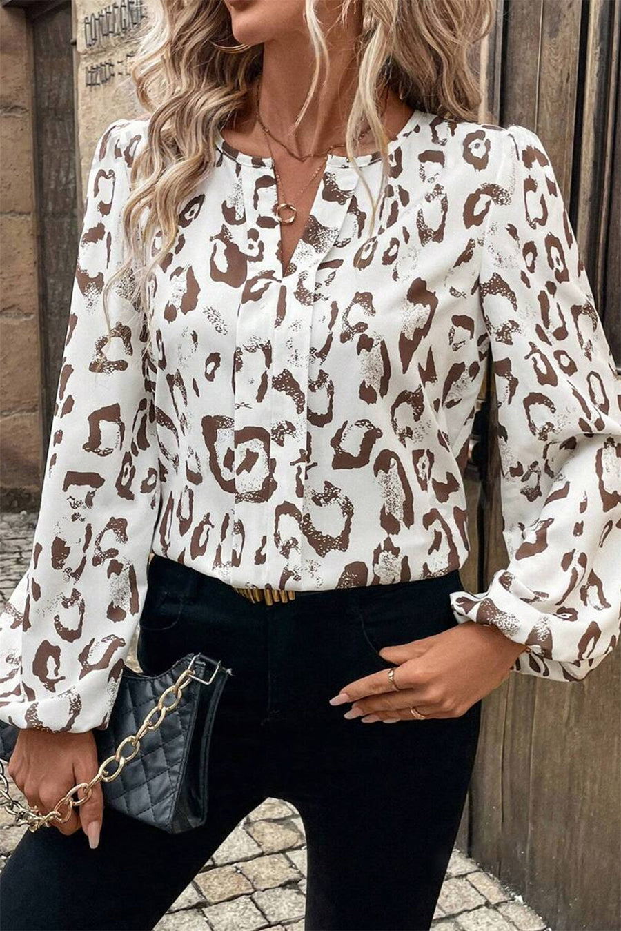 Bella Love Boutique California LLC Tops/Blouses & Shirts Khaki / S / 100%Polyester Khaki Leopard Print Split Neck Balloon Sleeve Blouse