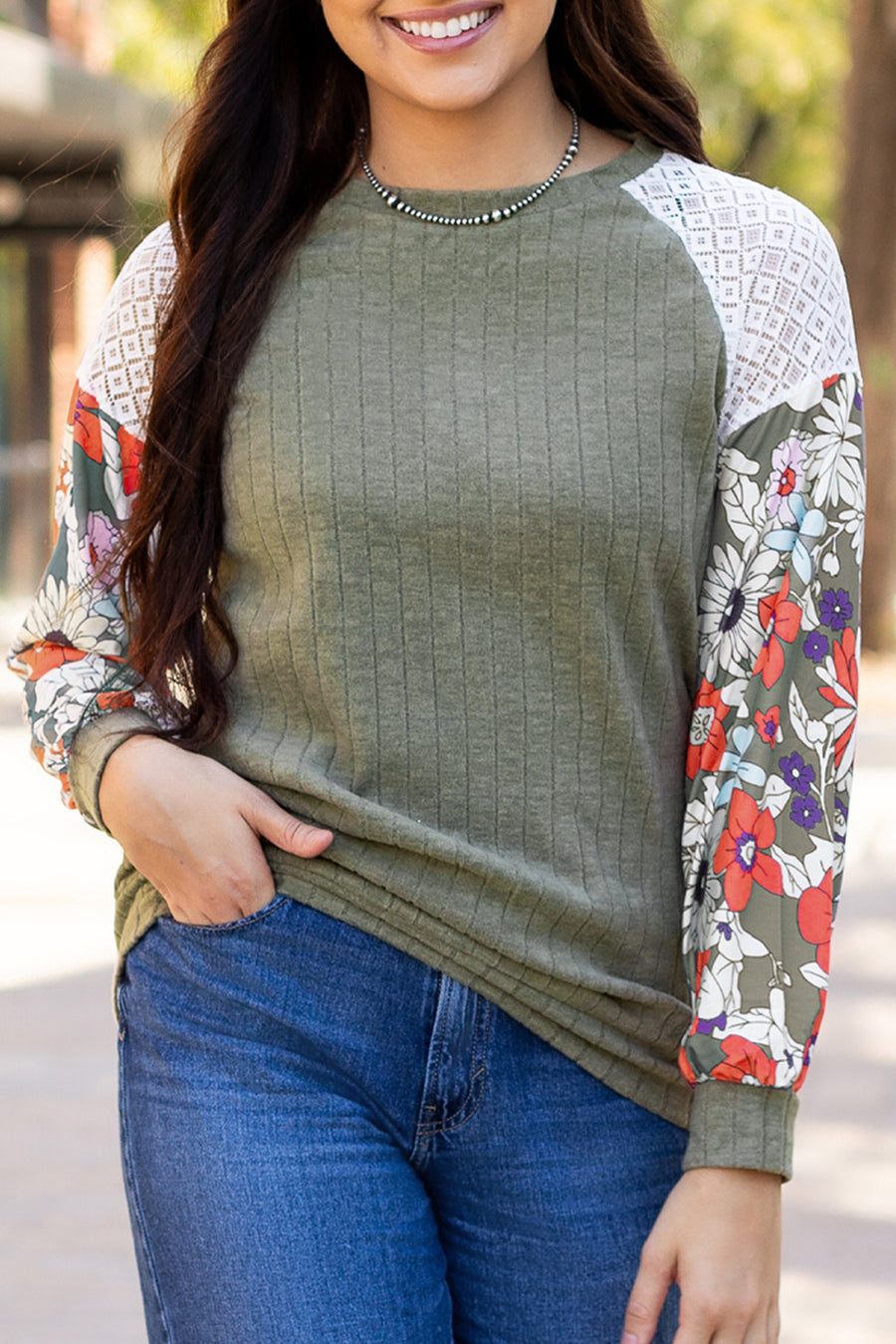 Bella Love Boutique California LLC Tops/Blouses & Shirts Laurel Green Floral Patchwork Long Sleeve Ribbed Blouse