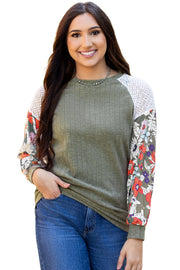 Bella Love Boutique California LLC Tops/Blouses & Shirts Laurel Green Floral Patchwork Long Sleeve Ribbed Blouse