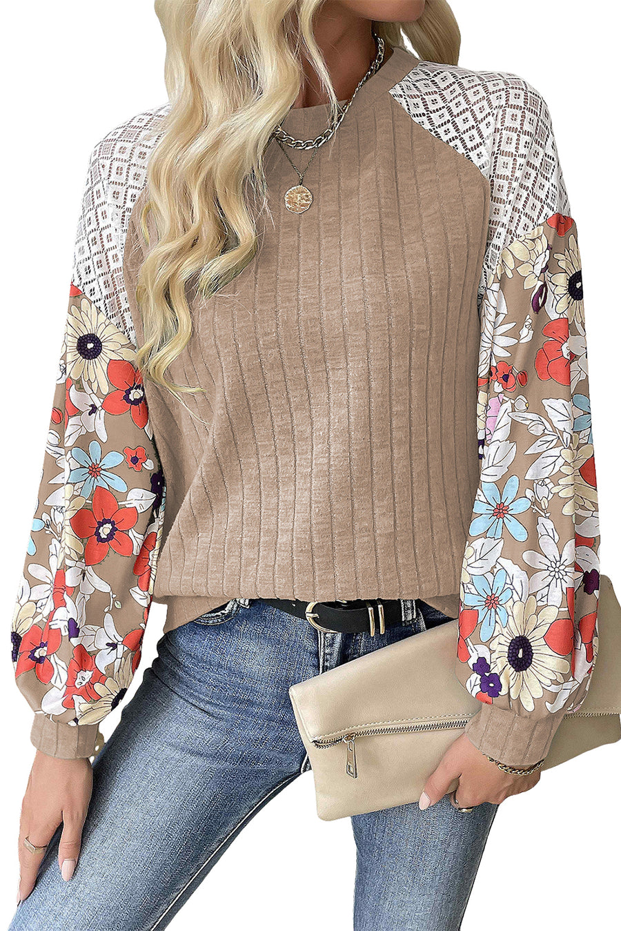 Bella Love Boutique California LLC Tops/Blouses & Shirts Laurel Green Floral Patchwork Long Sleeve Ribbed Blouse