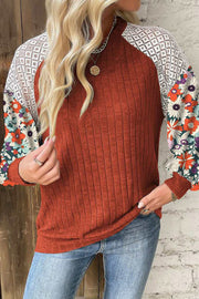 Laurel Green Floral Patchwork Long Sleeve Ribbed Blouse