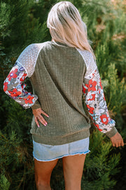 Bella Love Boutique California LLC Tops/Blouses & Shirts Laurel Green Floral Patchwork Long Sleeve Ribbed Blouse