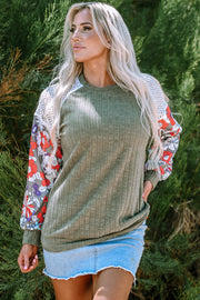 Bella Love Boutique California LLC Tops/Blouses & Shirts Laurel Green Floral Patchwork Long Sleeve Ribbed Blouse