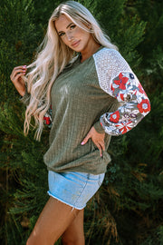 Bella Love Boutique California LLC Tops/Blouses & Shirts Laurel Green Floral Patchwork Long Sleeve Ribbed Blouse