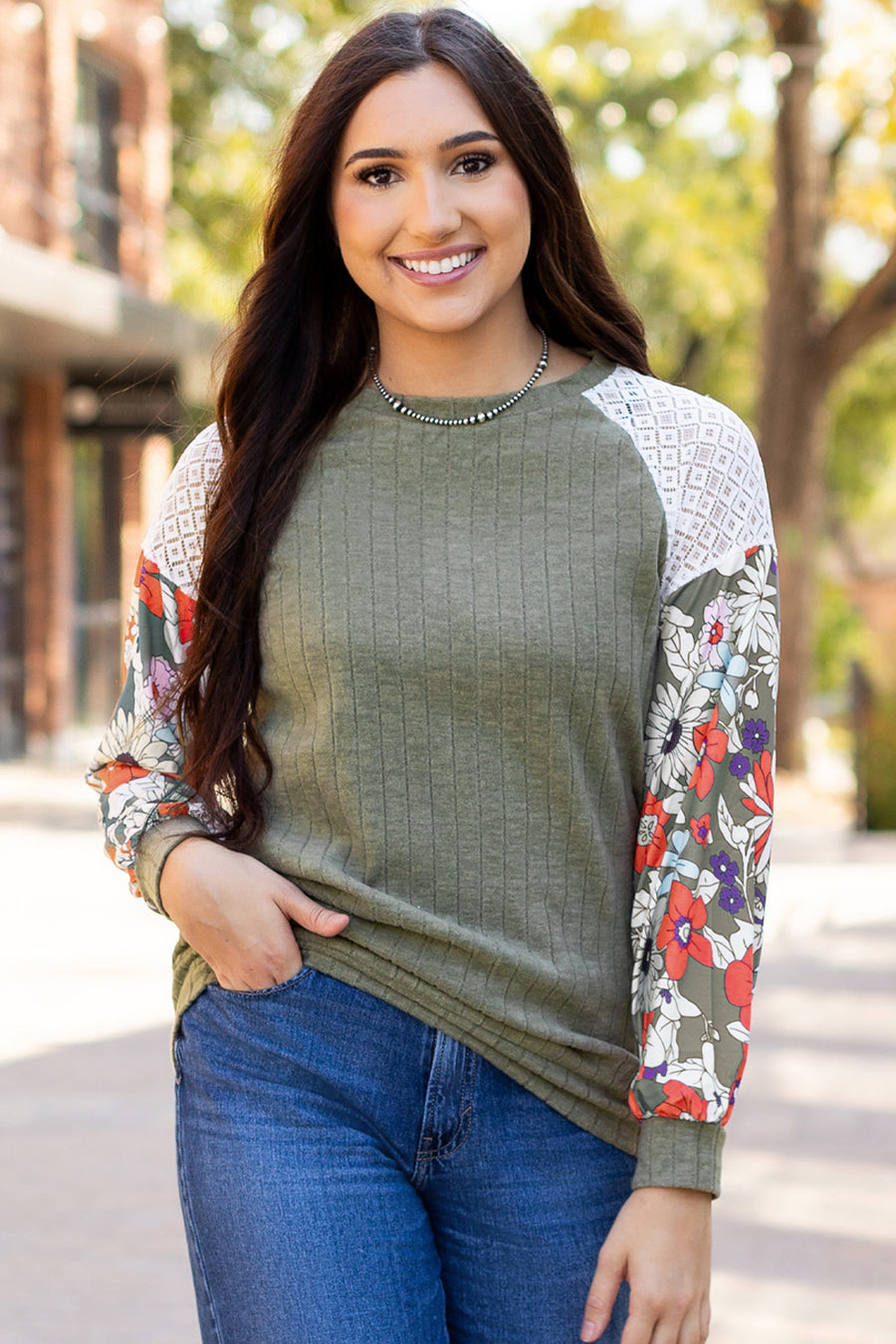 Bella Love Boutique California LLC Tops/Blouses & Shirts Laurel Green Floral Patchwork Long Sleeve Ribbed Blouse