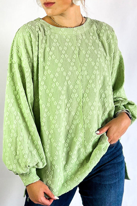 Bella Love Boutique California LLC Tops/Blouses & Shirts Light Green / S / 90%Polyester+10%Elastane Light Green Solid Color Textured Side Split Crew Neck Blouse