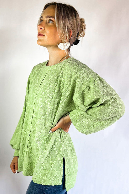 Bella Love Boutique California LLC Tops/Blouses & Shirts Light Green Solid Color Textured Side Split Crew Neck Blouse