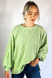 Bella Love Boutique California LLC Tops/Blouses & Shirts Light Green Solid Color Textured Side Split Crew Neck Blouse