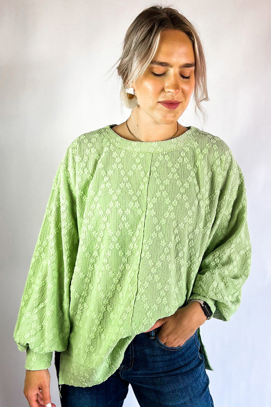 Bella Love Boutique California LLC Tops/Blouses & Shirts Light Green Solid Color Textured Side Split Crew Neck Blouse