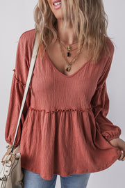 Bella Love Boutique California LLC Tops/Blouses & Shirts Mineral Red / S / 85%Polyester+10%Cotton+5%Elastane Mineral Red Solid Color Textured Frilled Trim V Neck Puff Sleeve Blouse
