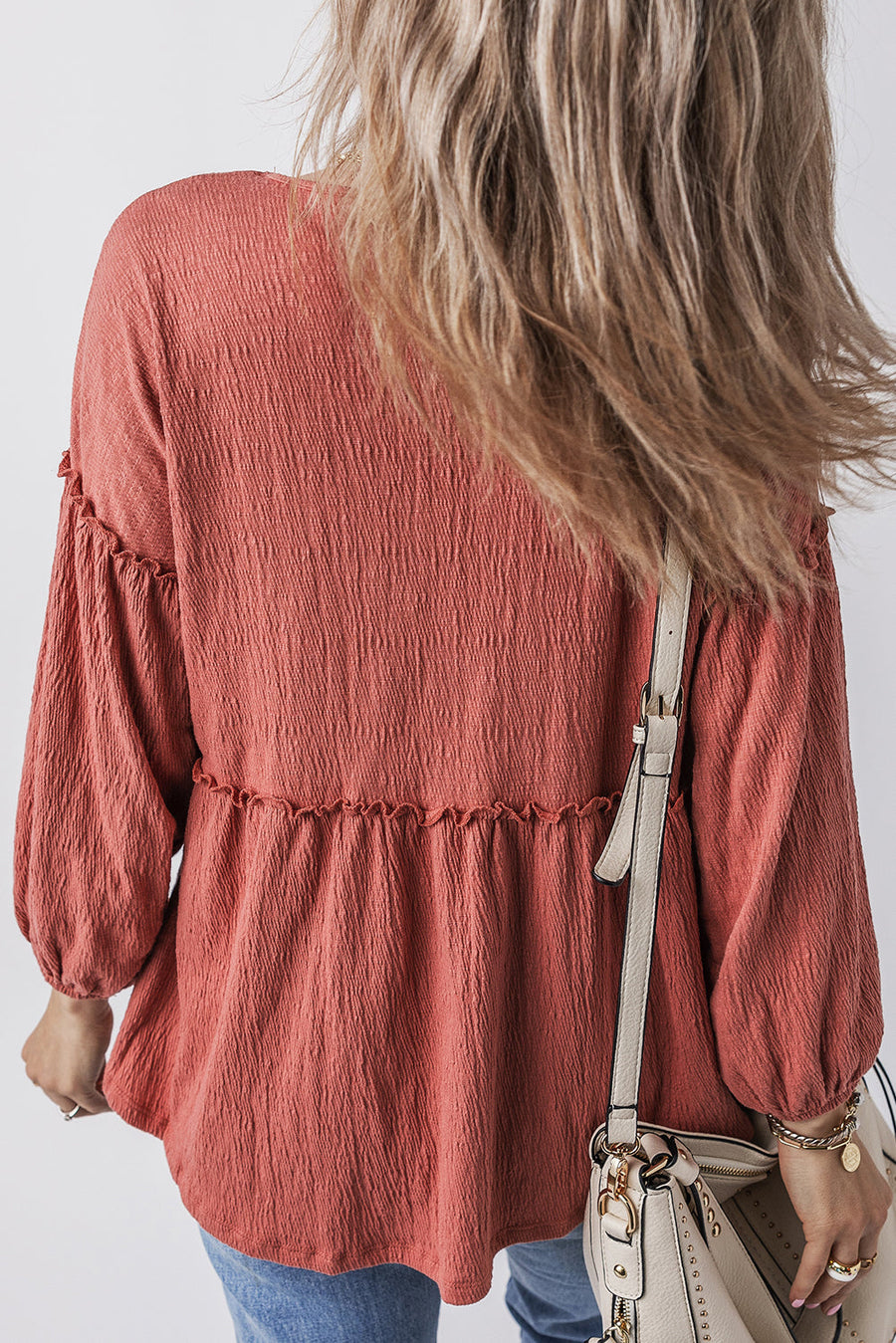 Bella Love Boutique California LLC Tops/Blouses & Shirts Mineral Red Solid Color Textured Frilled Trim V Neck Puff Sleeve Blouse